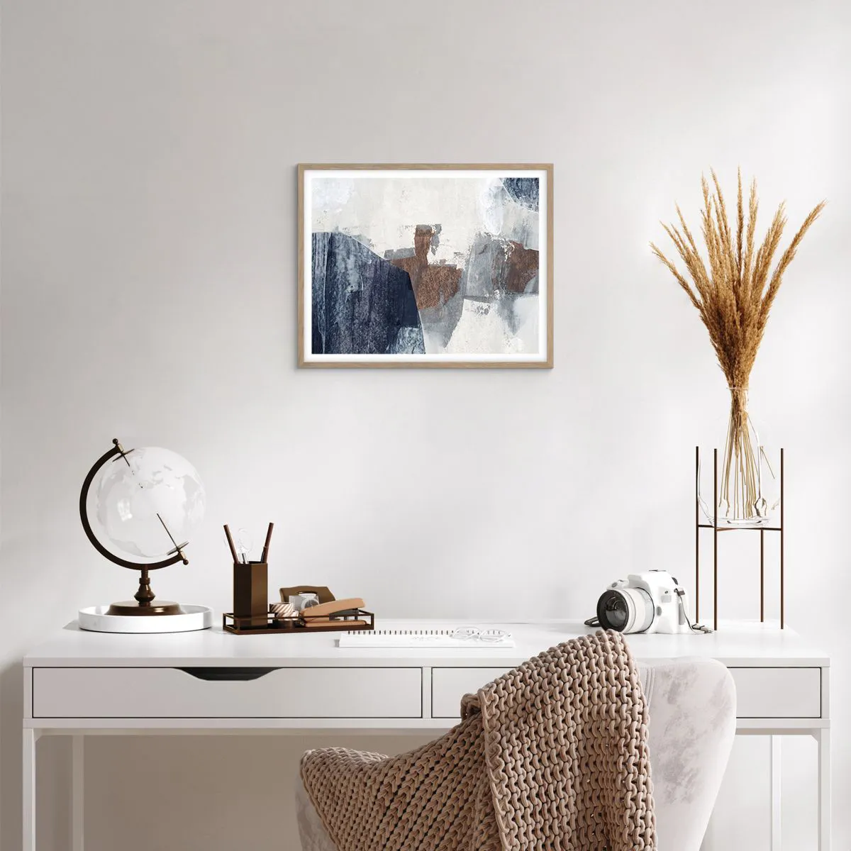 Póster en marco roble claro - Formas azules y marrones - 50x40 cm