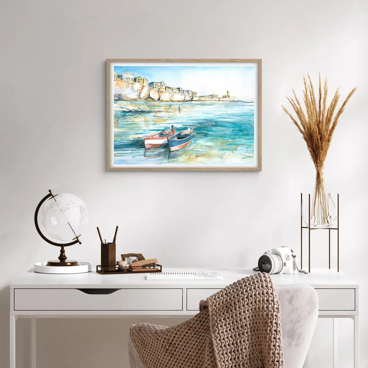 Poster in einem Rahmen aus heller Eiche - Landschaft in Azurblau - 70x50 cm