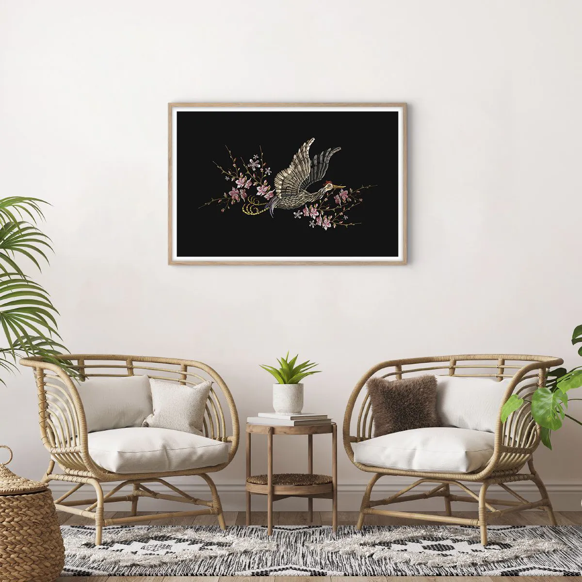 Affiche dans un chêne clair - Poster - Oiseau brodé exotique - 91x61 cm