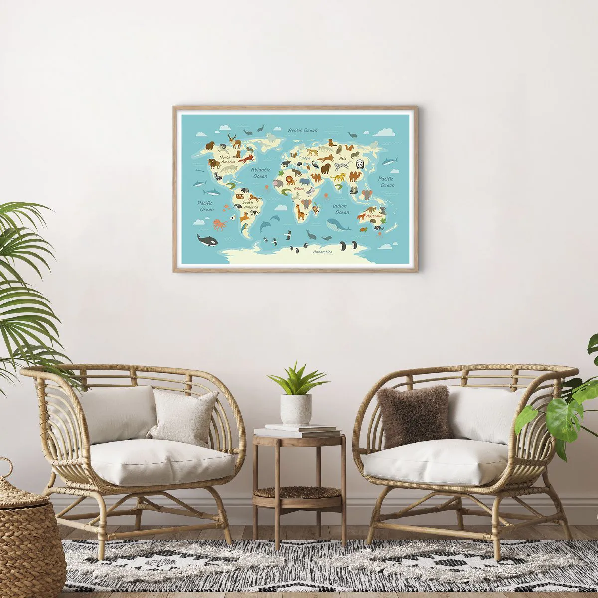 Plakat i ramme af lyst egetræ - Gode naboer - 91x61 cm