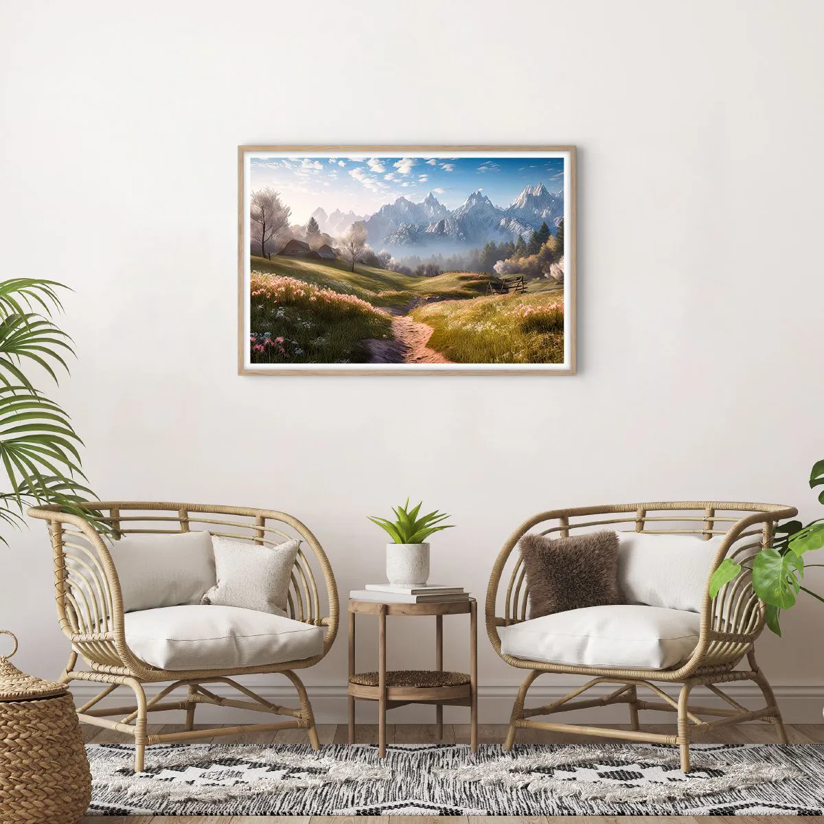 Plakat i ramme af lyst egetræ - Idyllisk dal - 91x61 cm