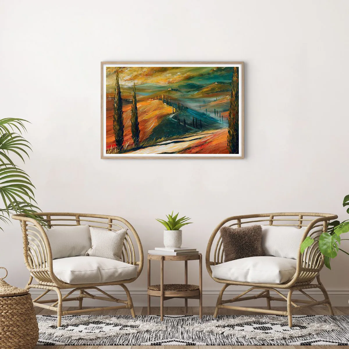 Poster în ramă de stejar deschis - Peisaj toscan - 91x61 cm