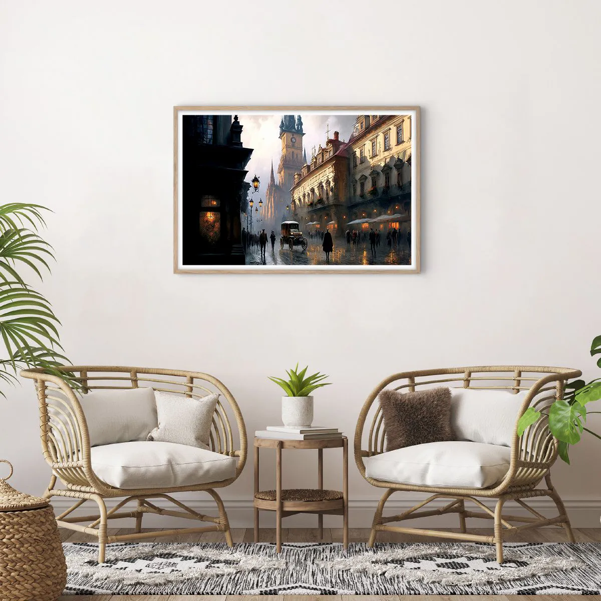 Poster in einem Rahmen aus heller Eiche - Charme eines Prager Abends - 91x61 cm