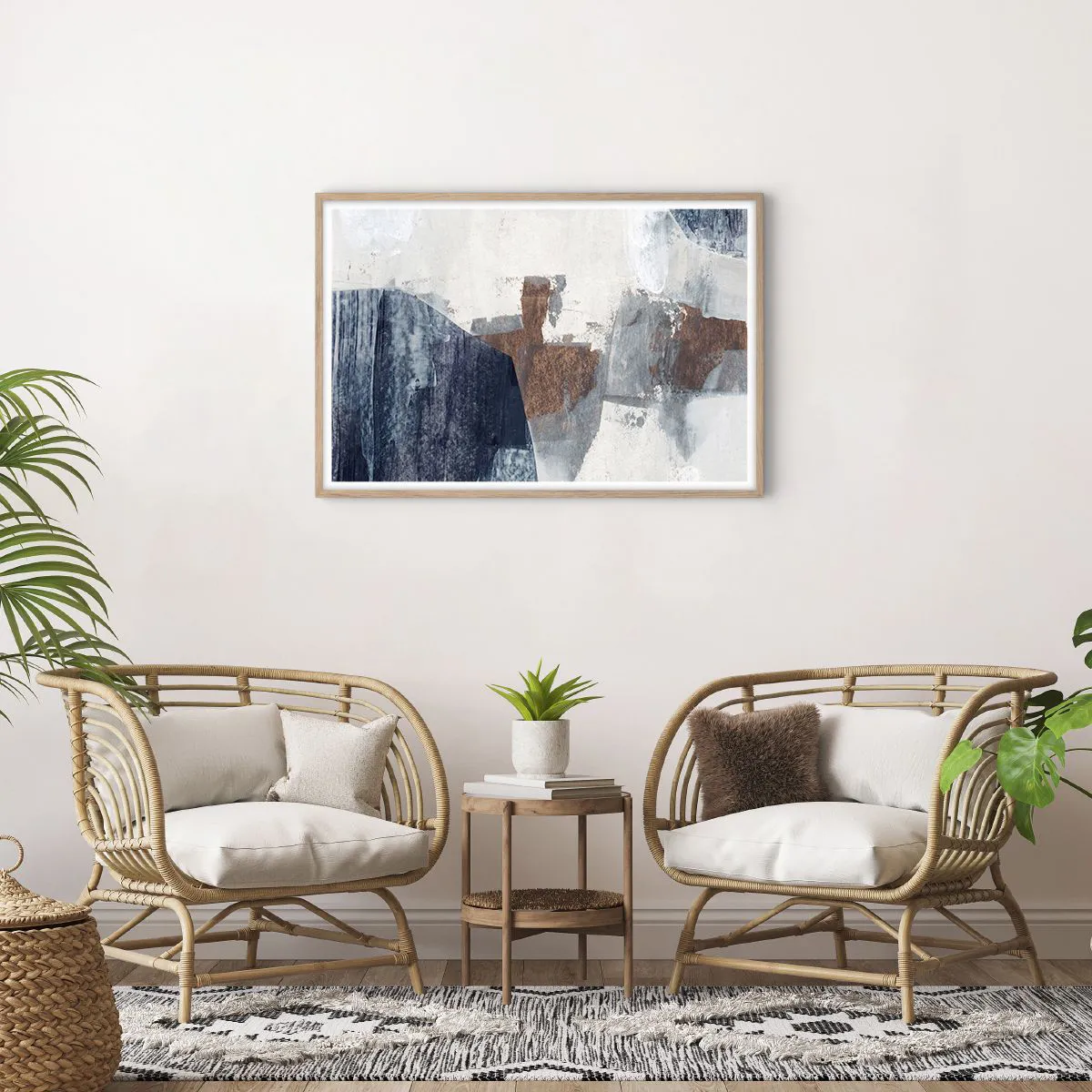 Poster in einem Rahmen aus heller Eiche - Blaue und braune Formen - 91x61 cm