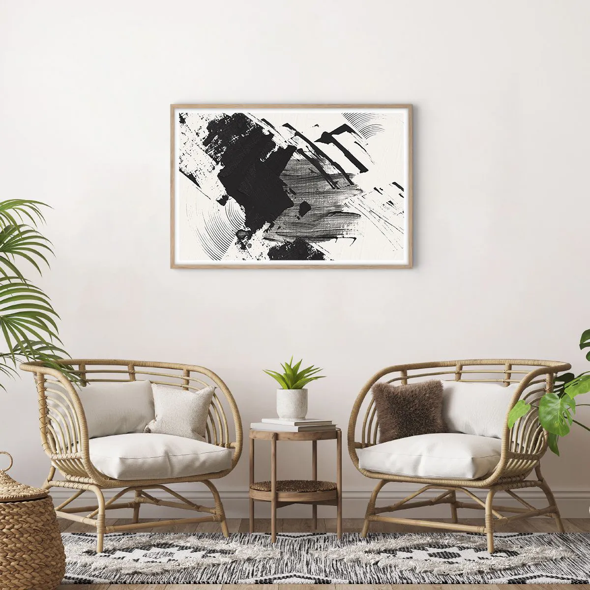 Plakat i ramme af lyst egetræ - Abstraktion - det sortes udtryk - 91x61 cm