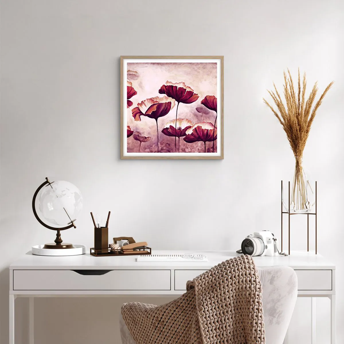 Plakát v rámu světlý dub - Červený a bílý plátek - 40x40 cm