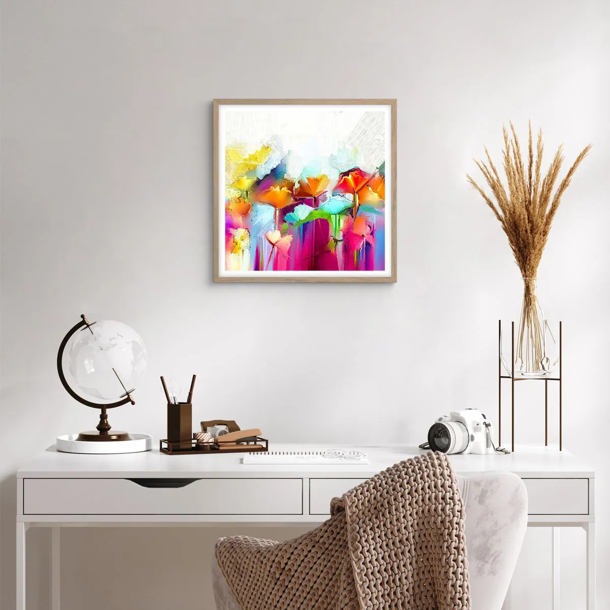 Plakat i ramme af lyst egetræ - Regnbuen i blomstring - 40x40 cm