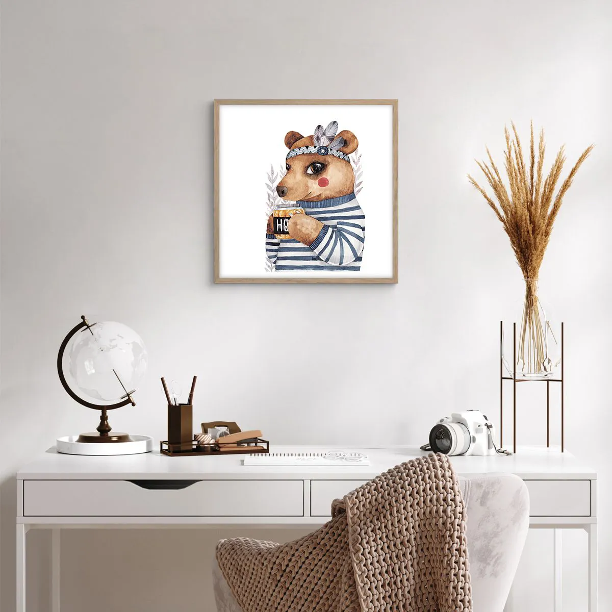 Plakat i ramme af lyst egetræ - Søde bjørn - 40x40 cm