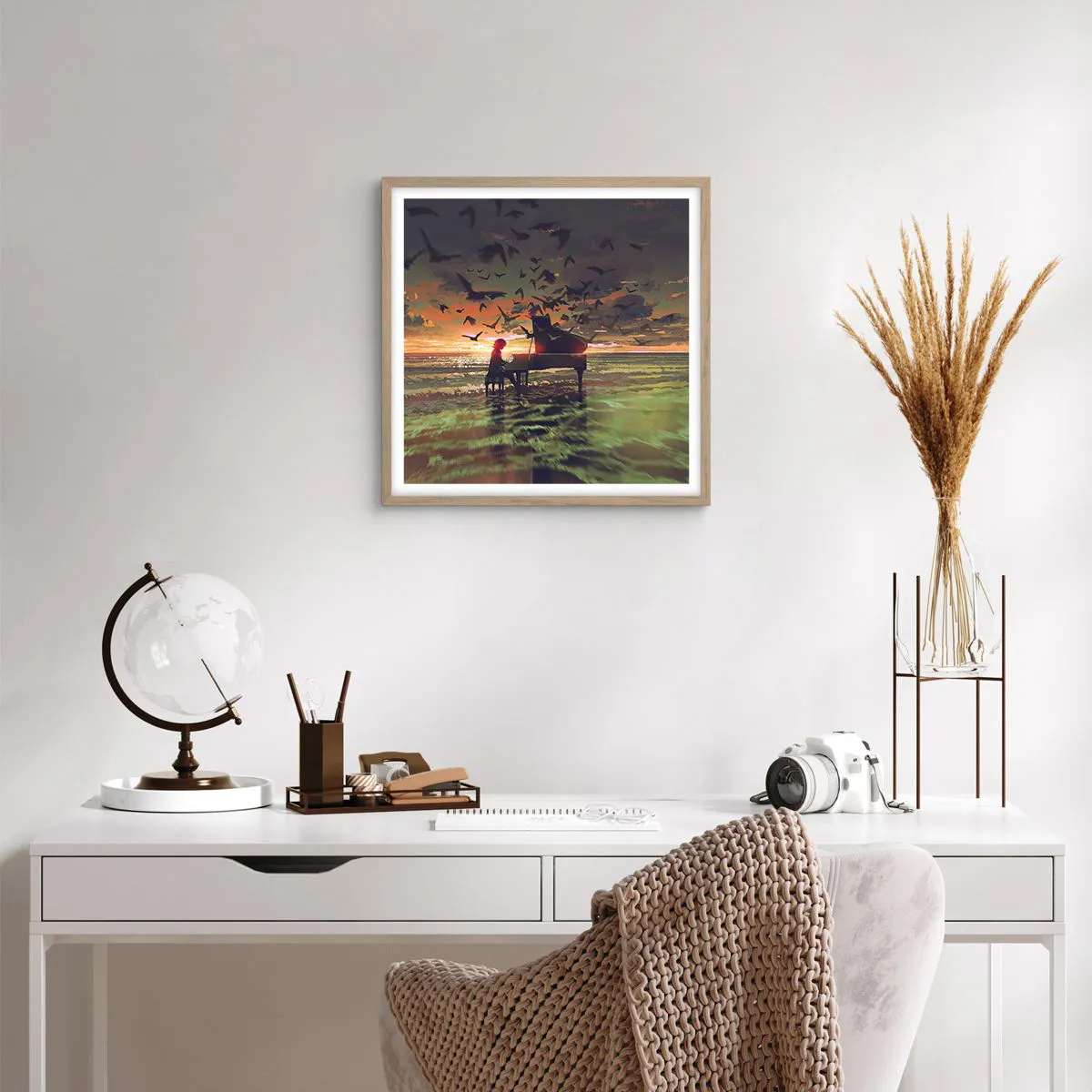 Poszter világos tölgy keretben - Koncert zongorára és a hullámokra - 50x50 cm