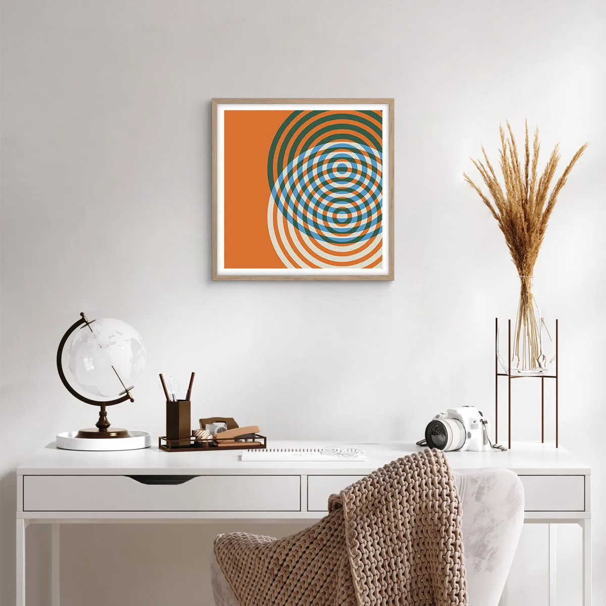 Plakat i ramme af lyst egetræ - Abstrakt cirkulær variation - 50x50 cm