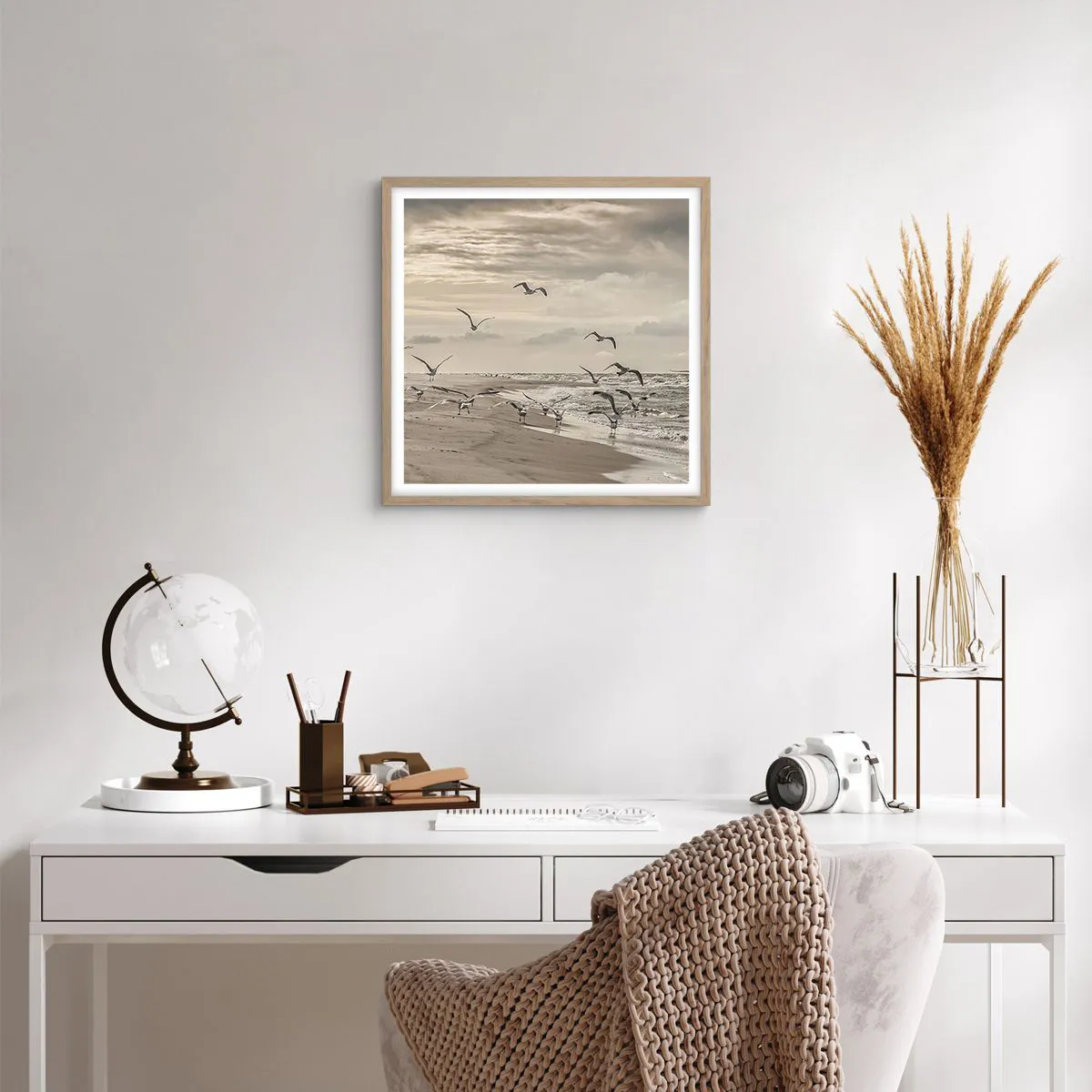 Plagát v ráme zo svetlého duba - Šumenie mora, spev vtákov - 50x50 cm