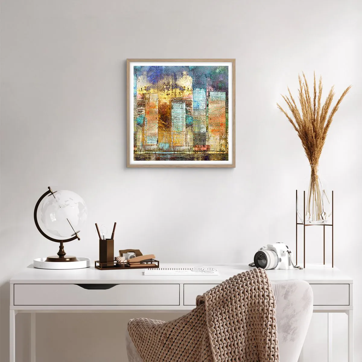 Affiche dans un chêne clair - Poster - Une métropole ensoleillée - 50x50 cm