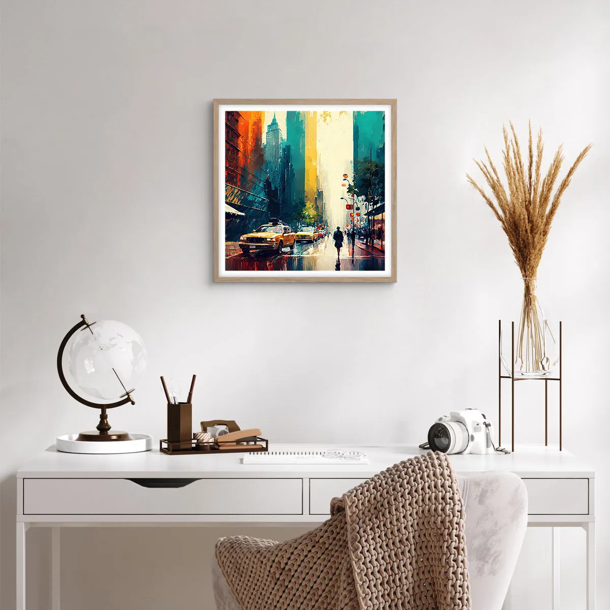 Poster in light oak frame - New York - Even Rain Is Colourful - 50x50 cm