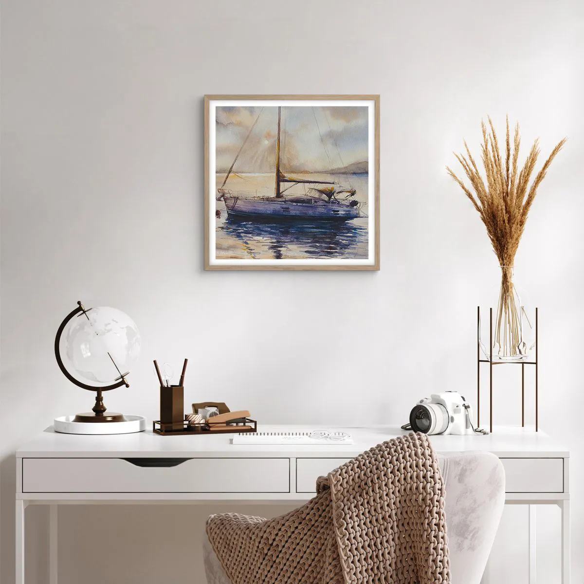 Poster in light oak frame - Evening in Harbour - 50x50 cm