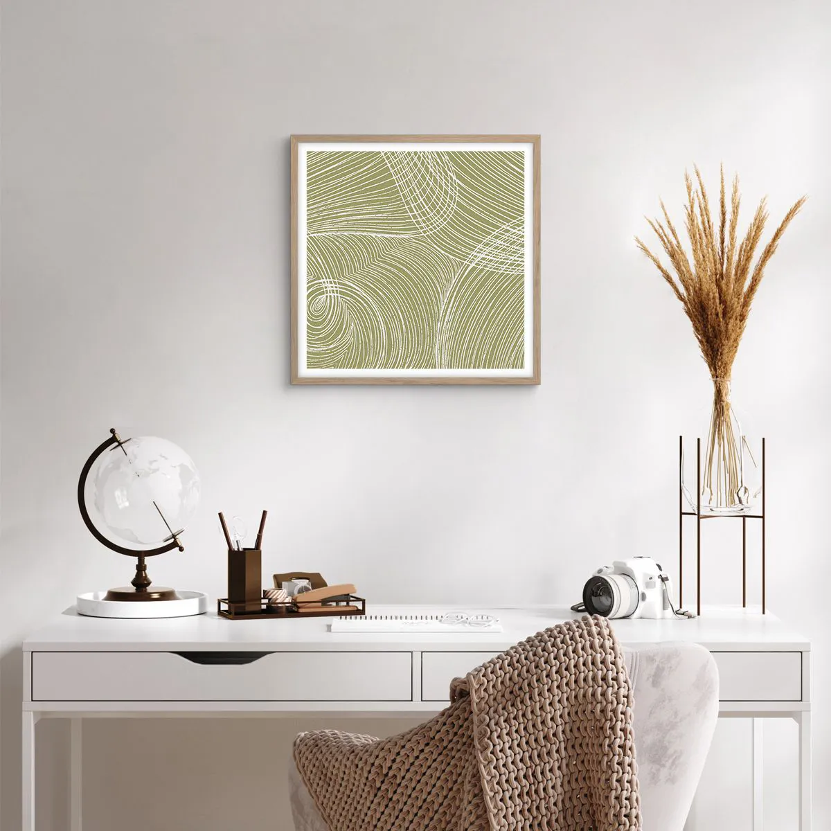 Poster in einem Rahmen aus heller Eiche - Komplizierte Abstraktion in Weiß - 50x50 cm