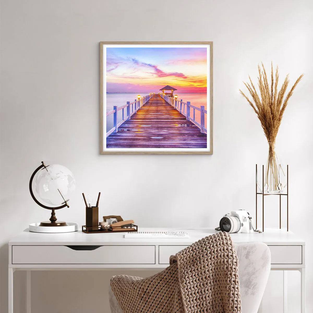 Plakát v rámu světlý dub - Liliově-zlaté ticho večera - 60x60 cm