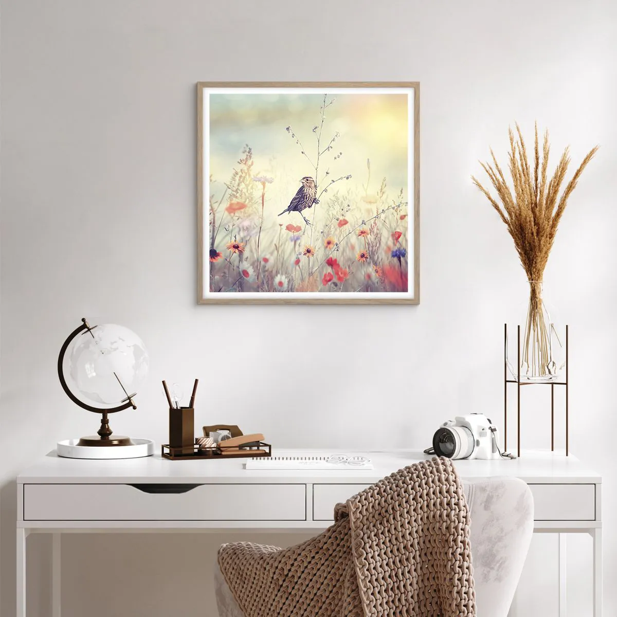 Poster in light oak frame - Bird Portrait with a Meadow in the Background - 60x60 cm