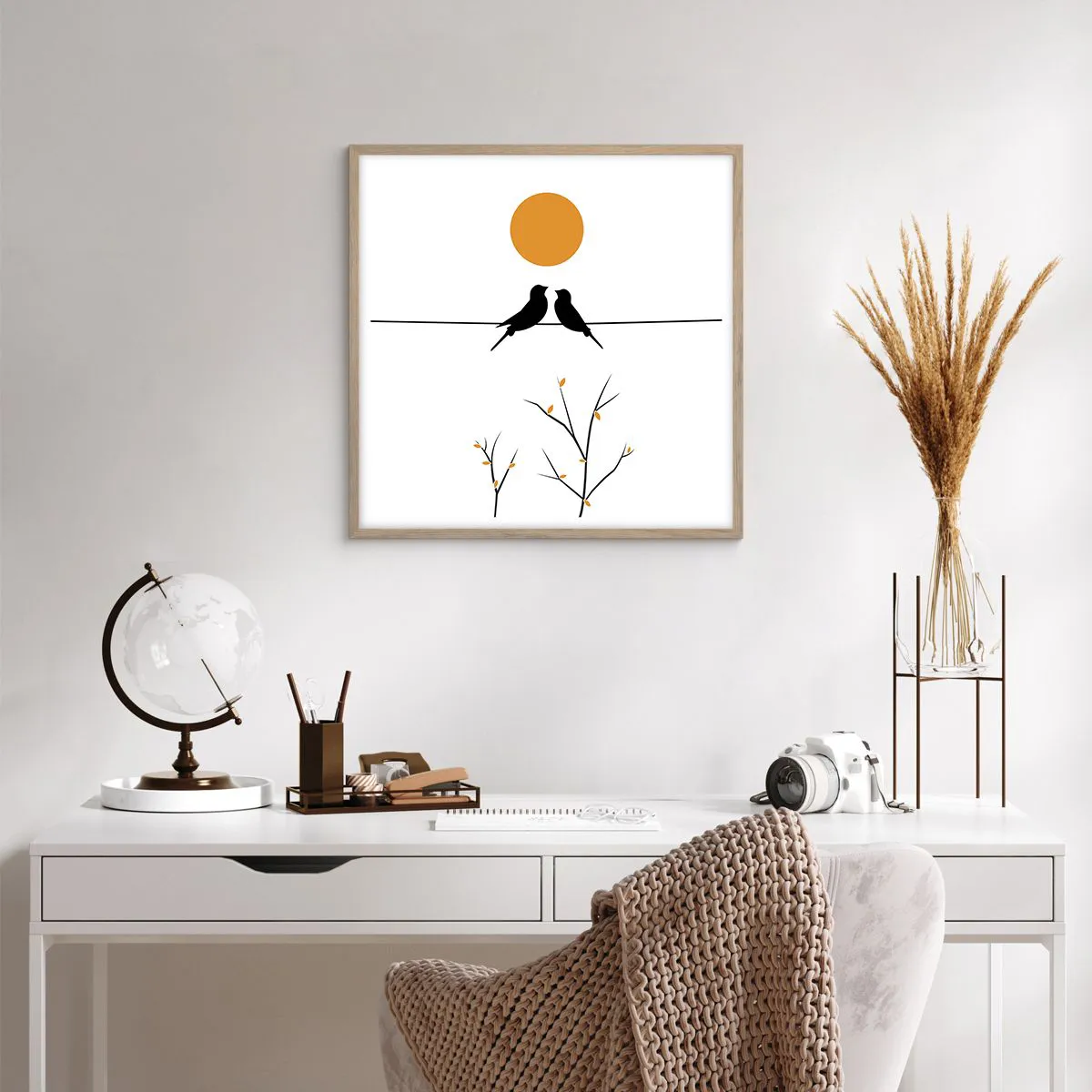 Plakat i ramme af lyst egetræ - Nattergal - 60x60 cm