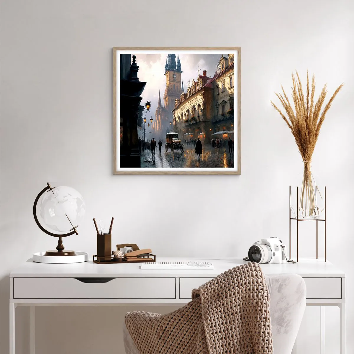 Poster in einem Rahmen aus heller Eiche - Charme eines Prager Abends - 60x60 cm