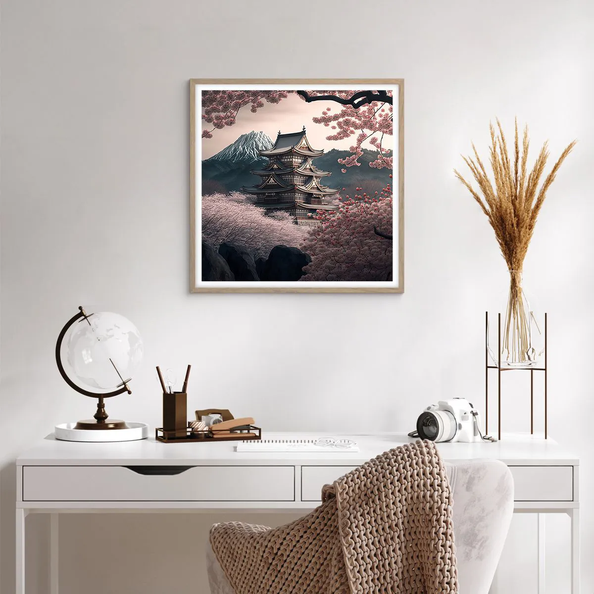 Plagát v ráme zo svetlého duba - Krajina kvitnúcich čerešní - 60x60 cm