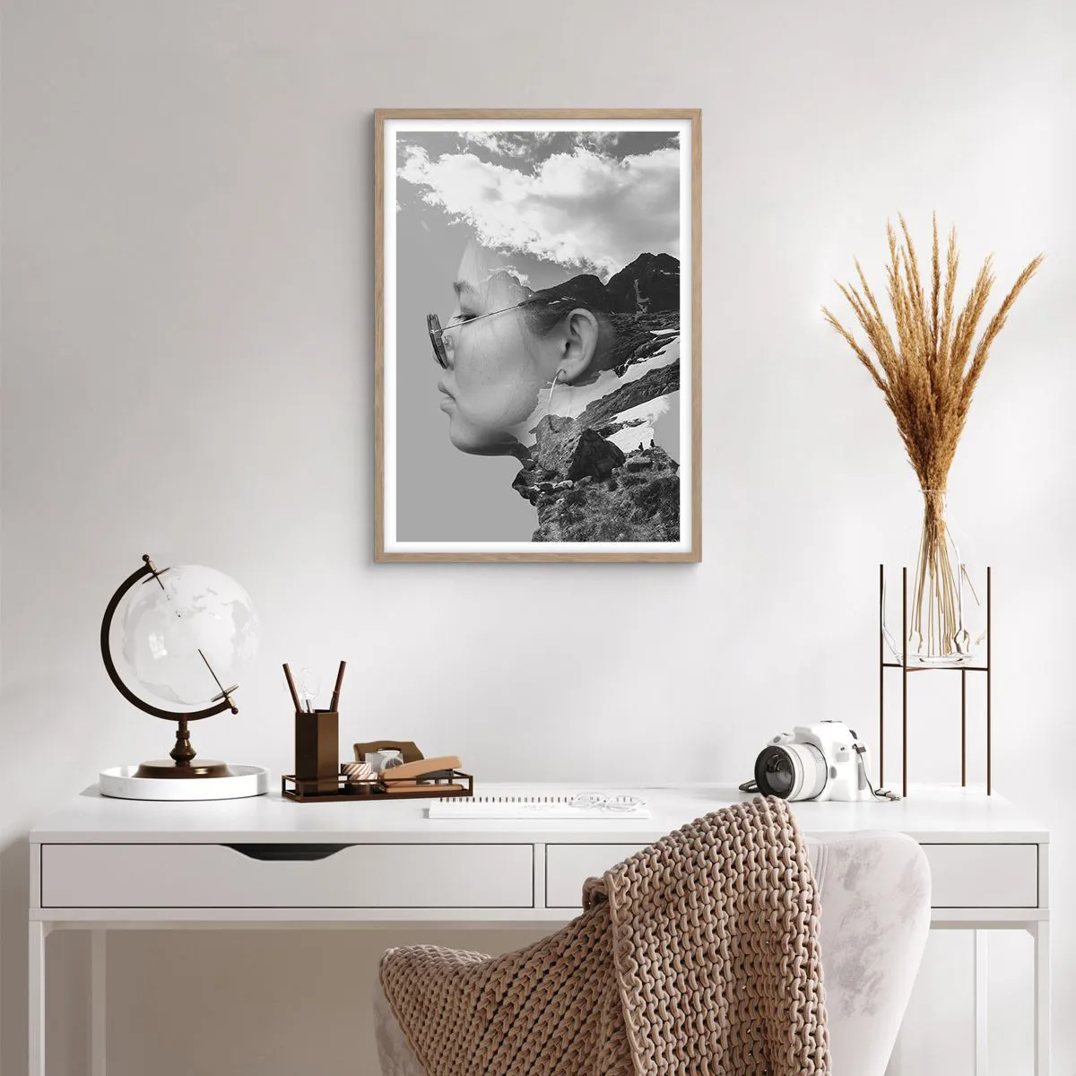 Plakát v rámu světlý dub - Povznešen portrét v oblacích - 50x70 cm