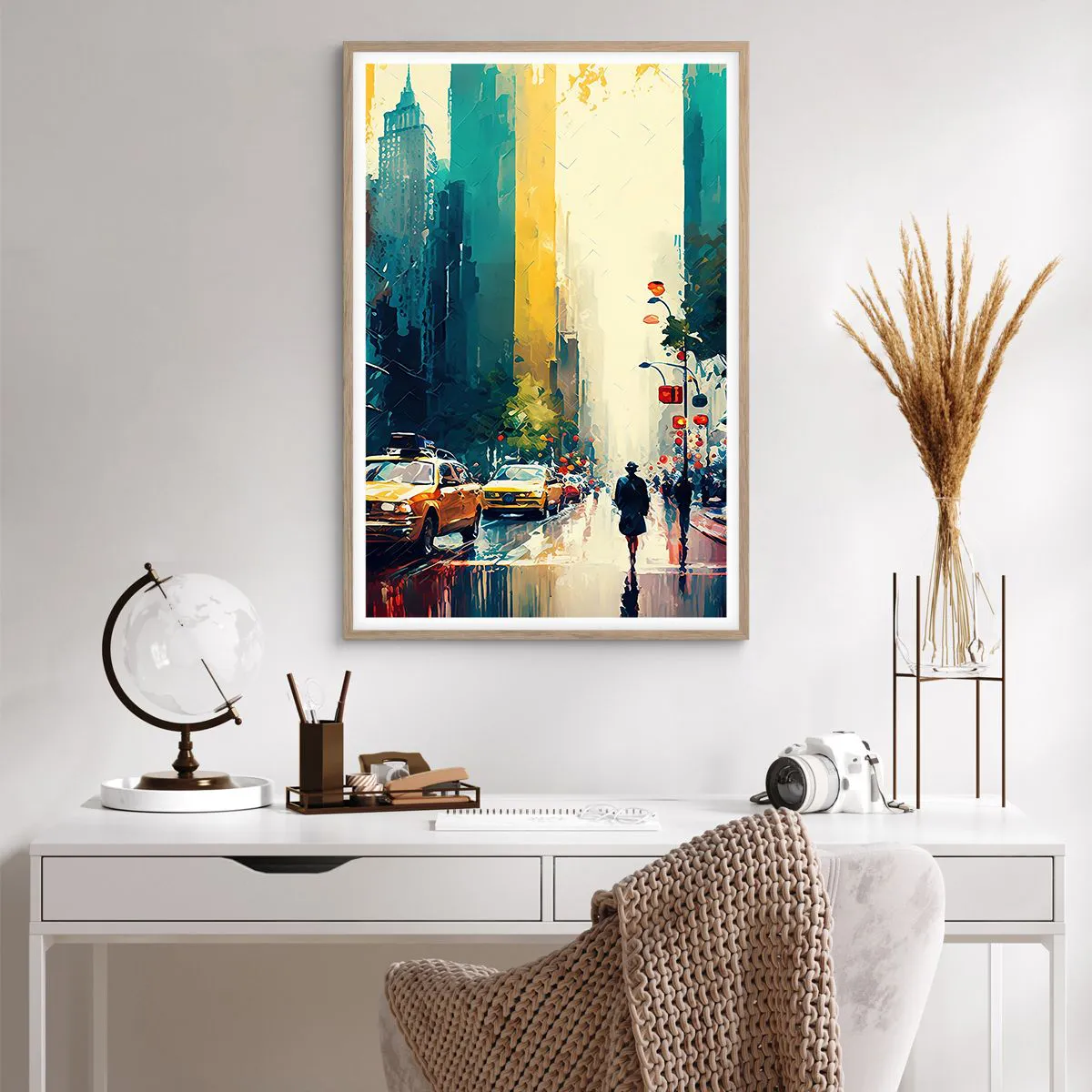 Poster in einem Rahmen aus heller Eiche - New York – selbst der Regen ist hier bunt - 61x91 cm