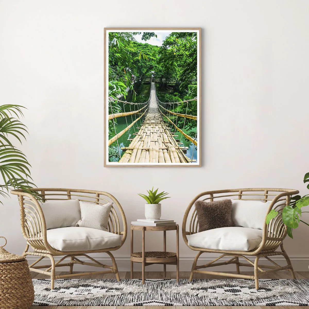 Poster in einem Rahmen aus heller Eiche - Monkey Bridge über das Grün - 70x100 cm