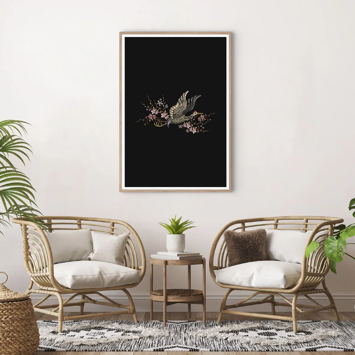 Affiche dans un chêne clair - Poster - Oiseau brodé exotique - 70x100 cm