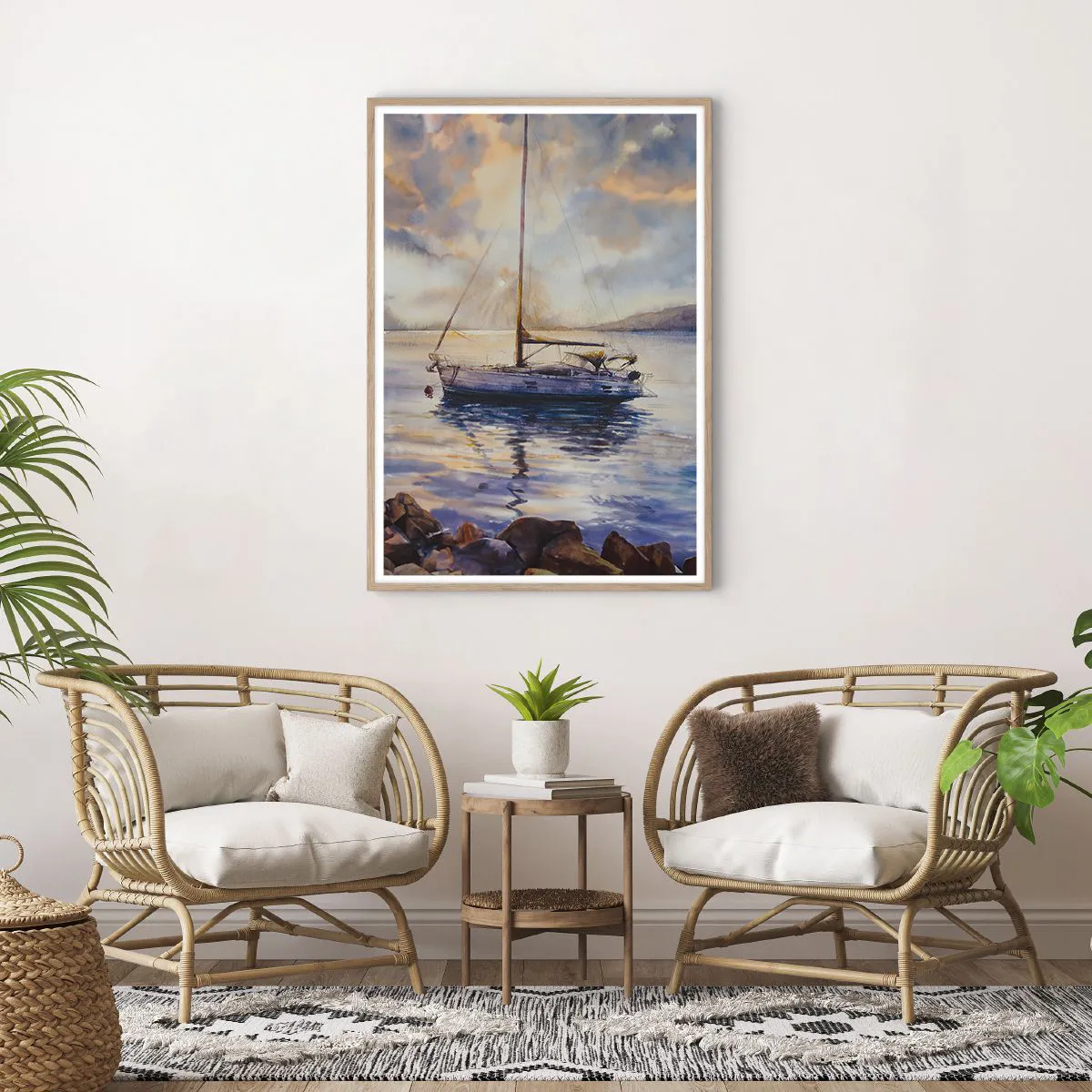 Plakat i ramme af lyst egetræ - Aften i bugten - 70x100 cm