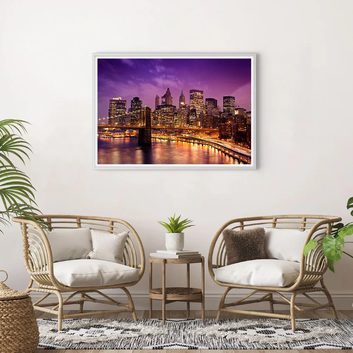 Plagát v bielom ráme - Fialovo-zlatý Manhattan - 100x70 cm