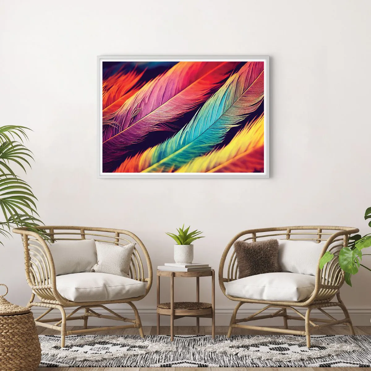 Poster in einem weißen Rahmen - Gefiederter Regenbogen - 100x70 cm