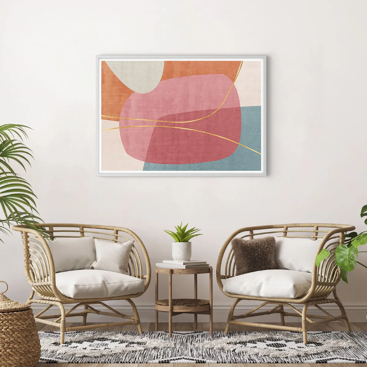 Affiche dans un cadre blanc - Poster - Composition pastel au fil d'or - 100x70 cm