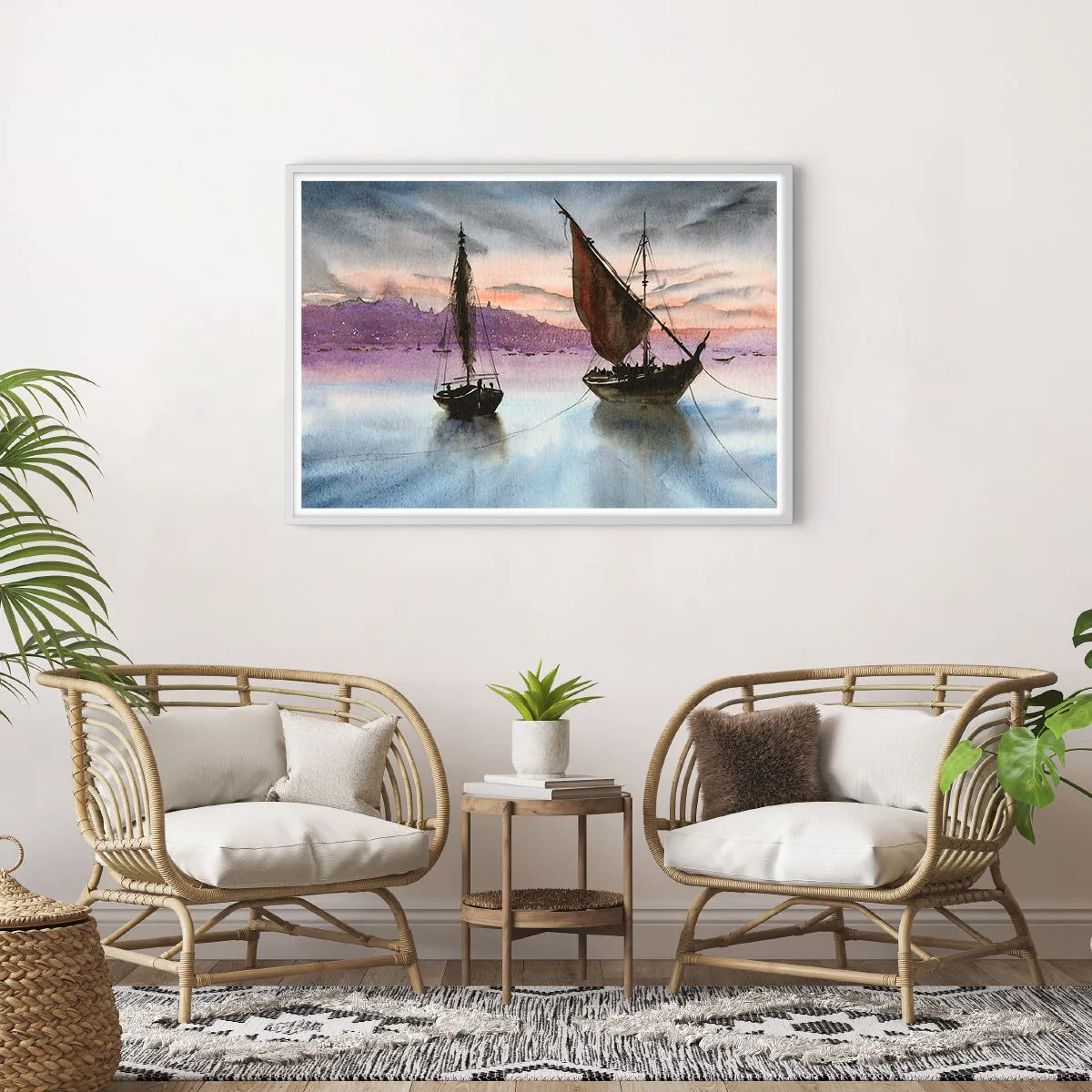 Poster in een witte lijst - Avond in de haven - 100x70 cm