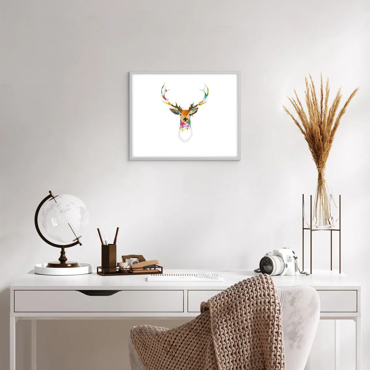 Poster in een witte lijst - Een zacht hert badend in kleur - 50x40 cm