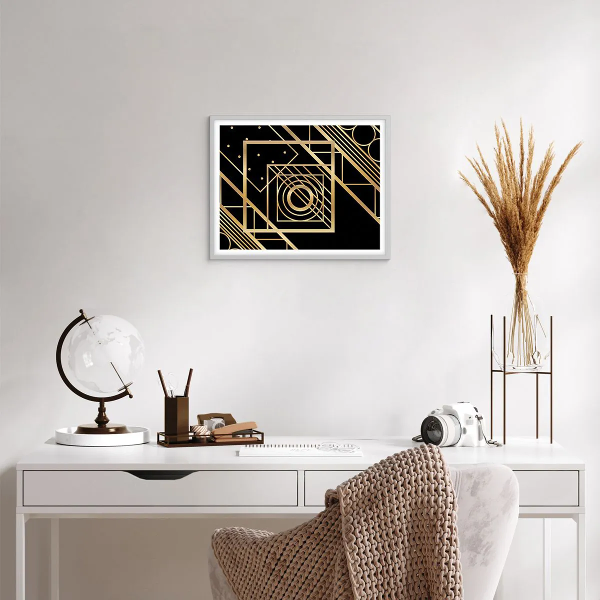Póster en marco blanco - Geometría dorada - 50x40 cm