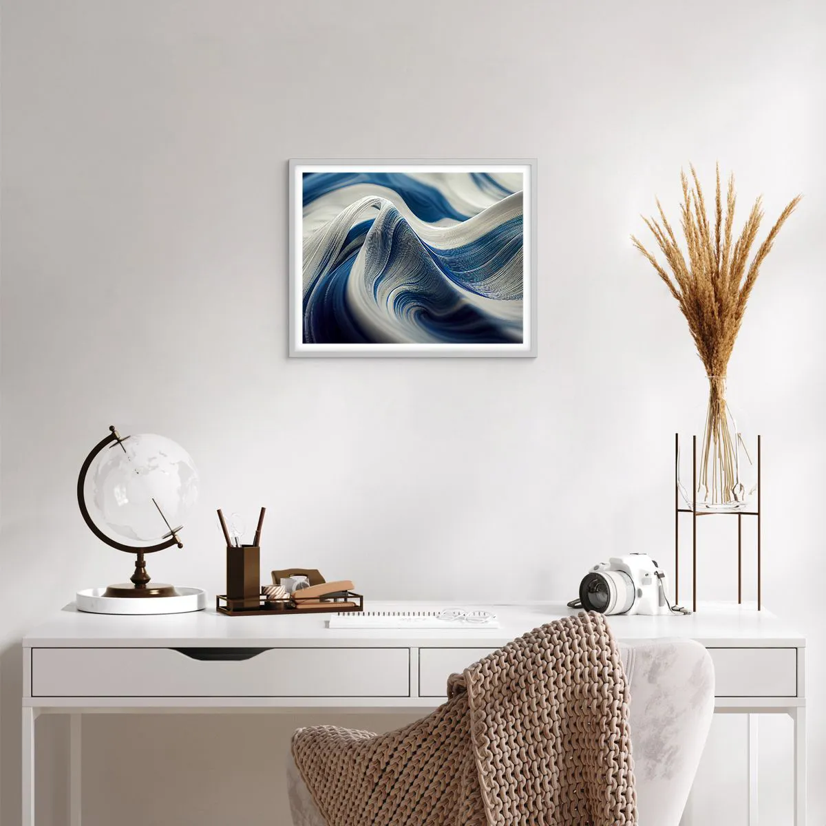 Poster in white frmae - Fluidity of Blue and White - 50x40 cm