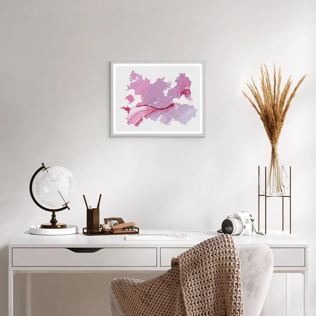 Plakat w białej ramie - Mapa różowego świata - 50x40 cm