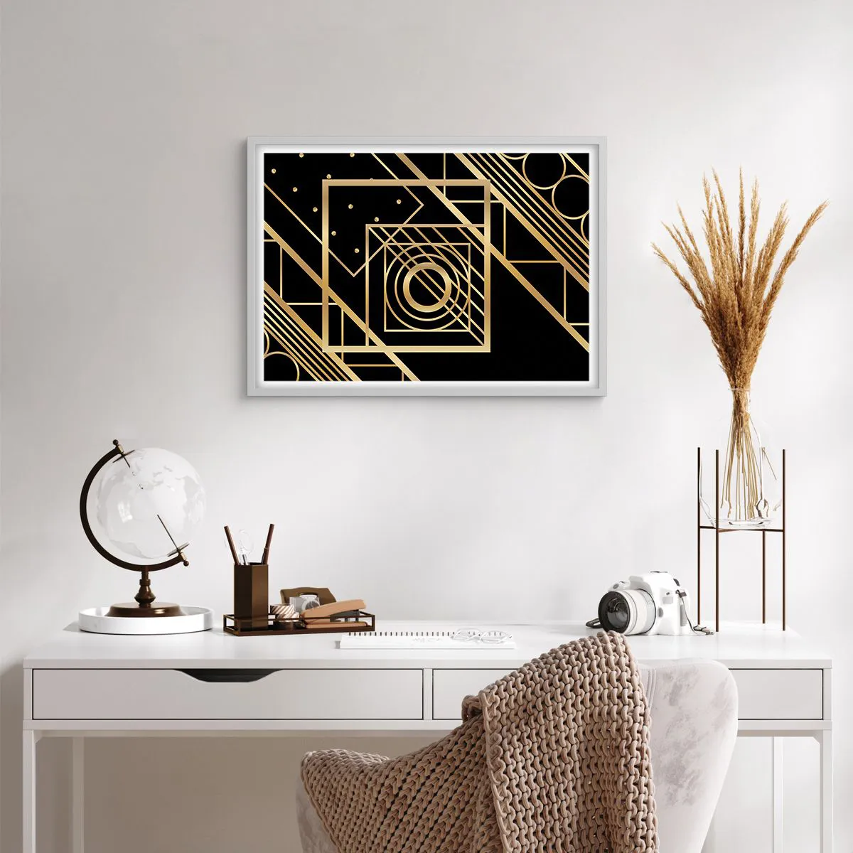 Affiche dans un cadre blanc - Poster - Géométrie en or - 70x50 cm