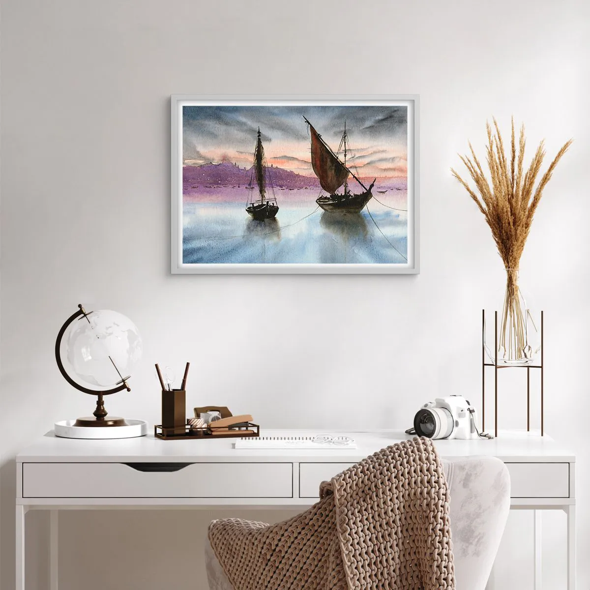 Plakát v bílém rámu - Večer v přístavu - 70x50 cm