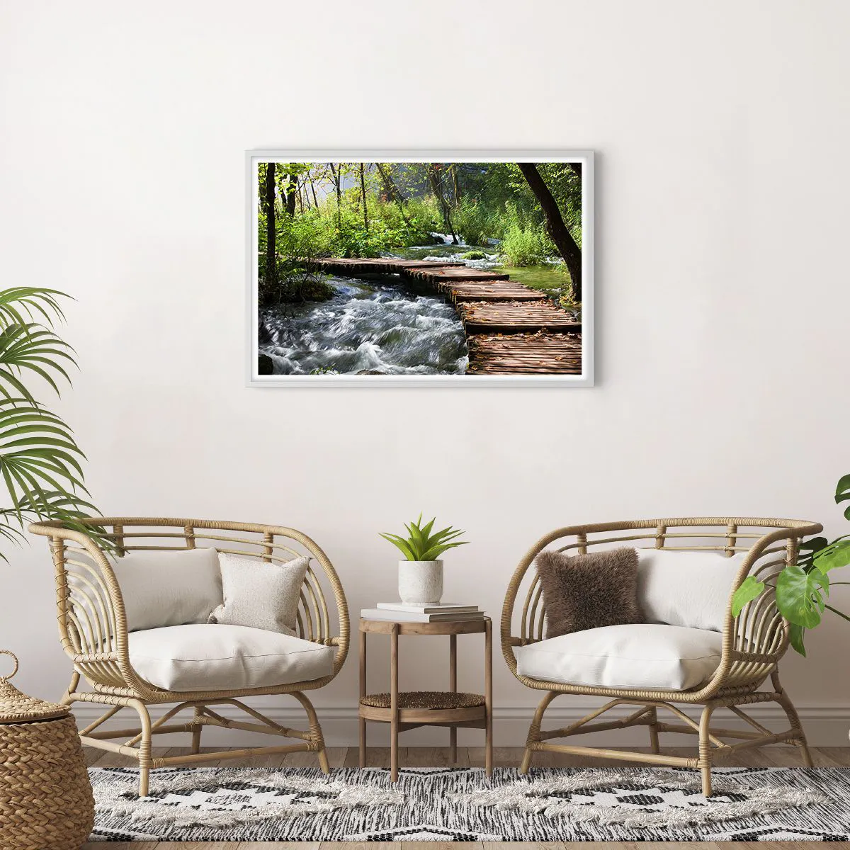 Póster en marco blanco - Sobre una cascada de espuma - 91x61 cm