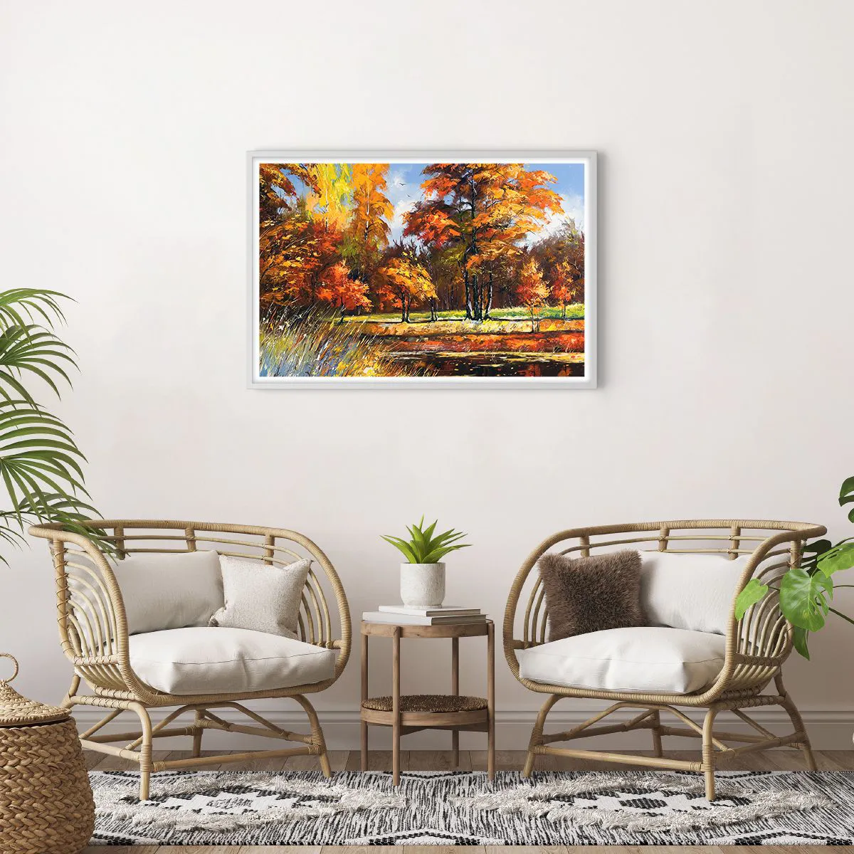 Plakát v bílém rámu - Krajinka ve zlaté a hnědé - 91x61 cm