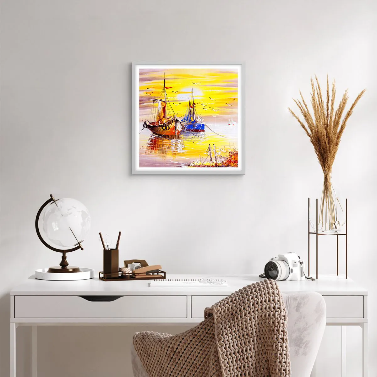 Plakat i hvid ramme - Et velfortjent hvil i havnen - 40x40 cm