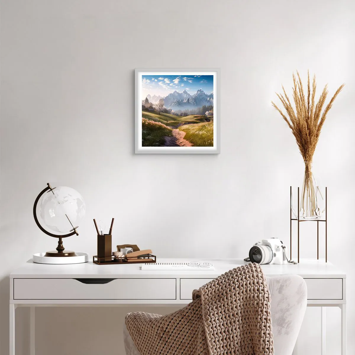 Affisch i vit ram - Idyllisk dal - 40x40 cm