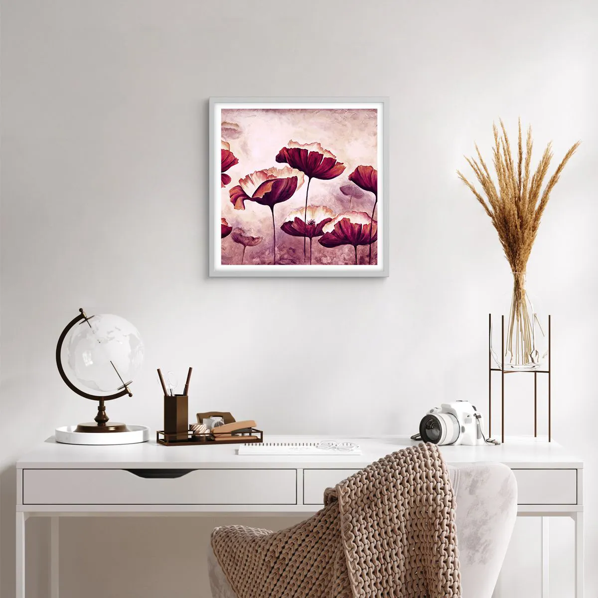 Plakat w białej ramie - Płatek czerwony i biały - 50x50 cm