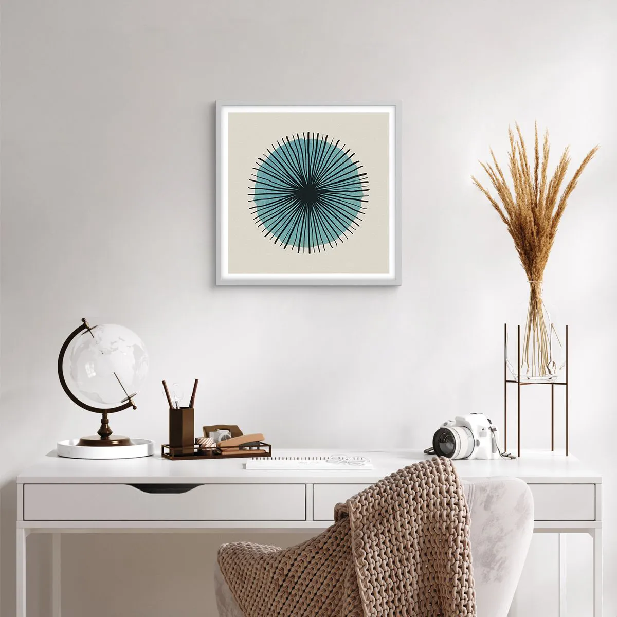 Plakat w białej ramie - Promieniście na błękicie - 50x50 cm