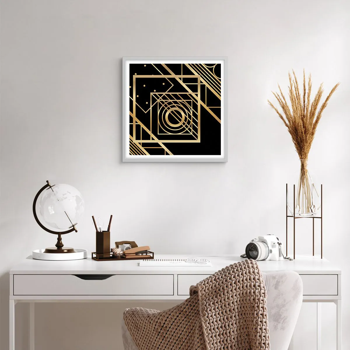 Affiche dans un cadre blanc - Poster - Géométrie en or - 50x50 cm