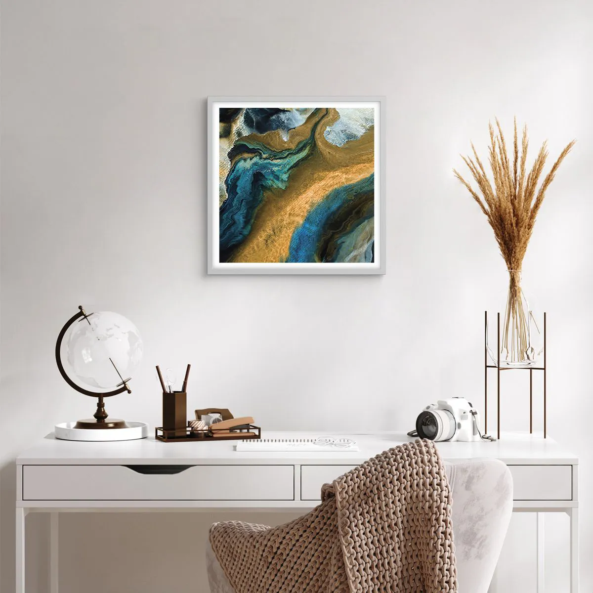 Affiche dans un cadre blanc - Poster - Bleu - jaune - influences mutuelles - 50x50 cm