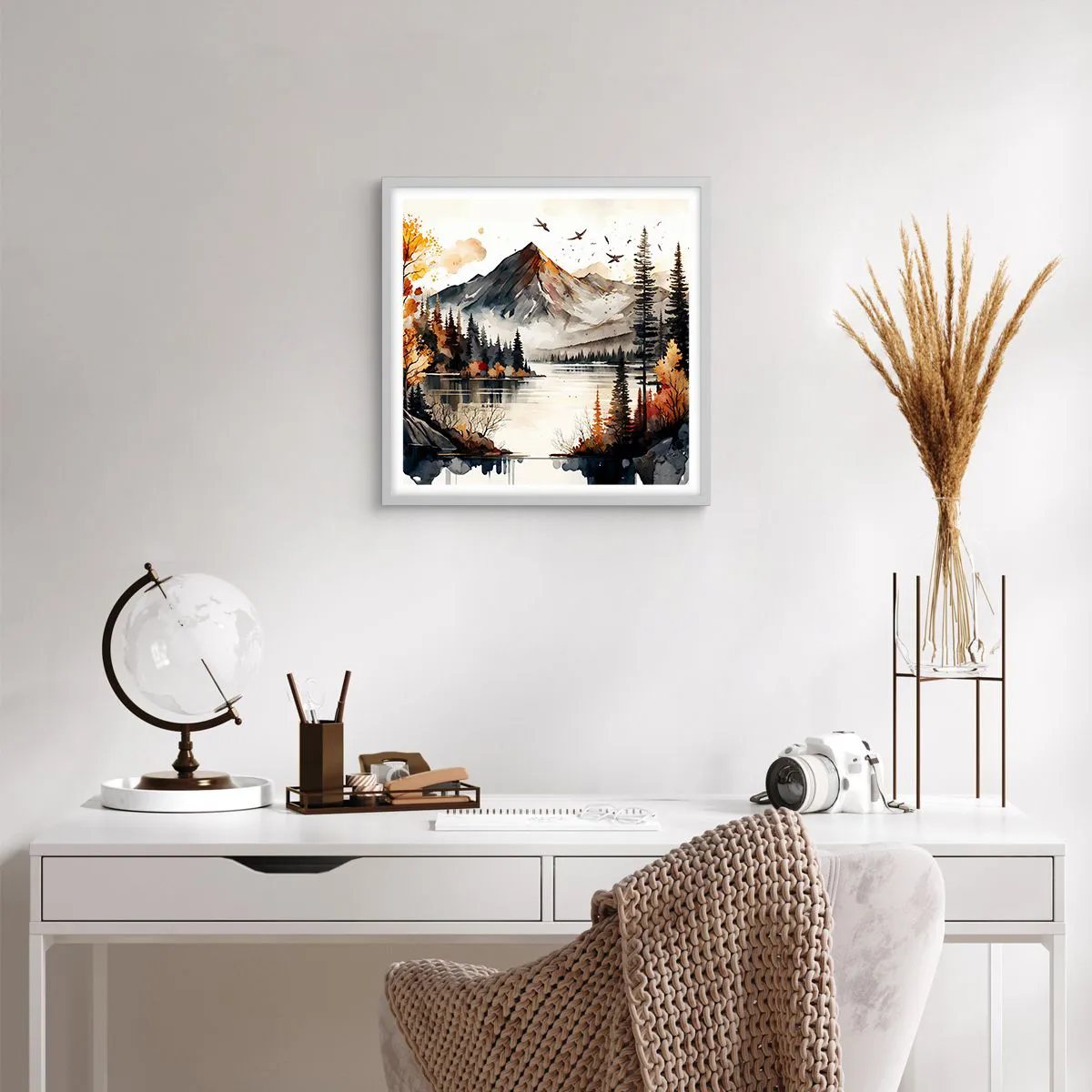 Plakat i hvid ramme - Gyldent efterår i bjergene - 50x50 cm