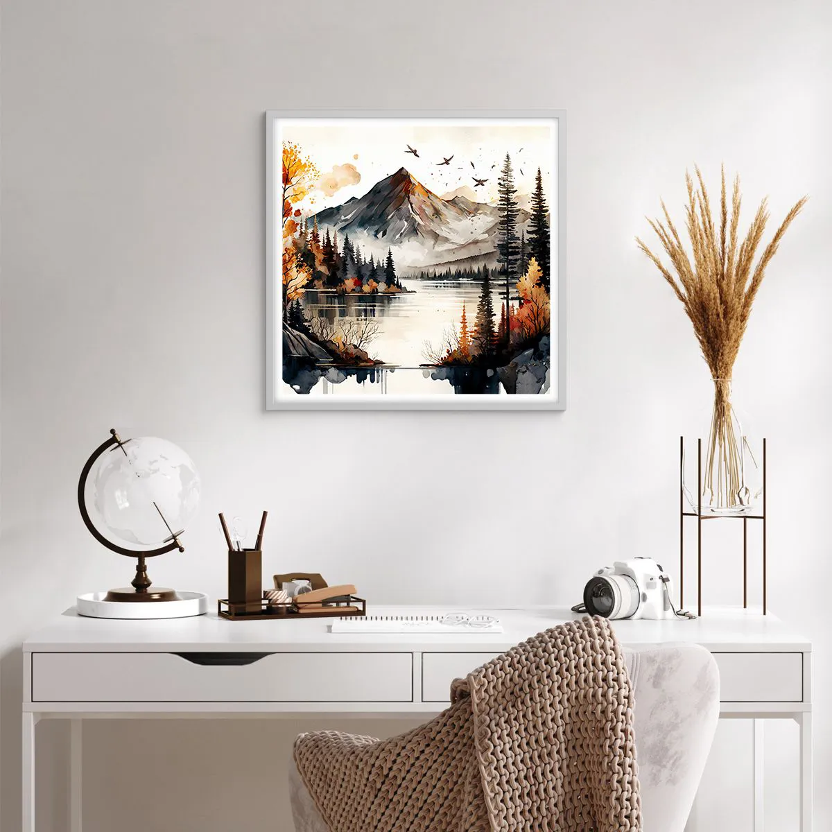 Plagát v bielom ráme - Zlatá jeseň na horách - 60x60 cm