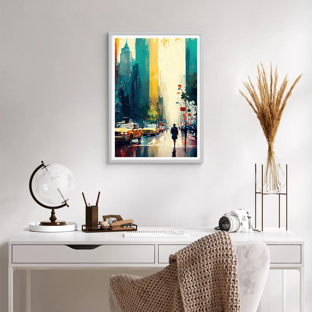 Póster en marco blanco - Nueva York - hasta la lluvia es colorida - 50x70 cm